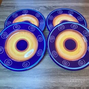 Pier 1 Italian Swirl Handpainted Earthenware Plates Set of 4 Blue Yellow